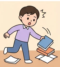 책을 떨어뜨려 당황한 학생