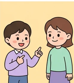 친구를 가리키며 설명하는 학생