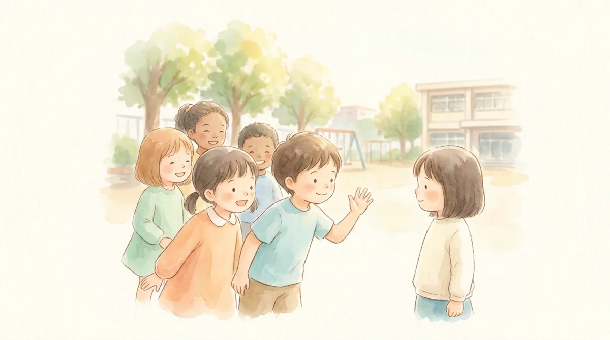 여러 친구가 손잡고 함께 어울려 노는 따뜻한 그림