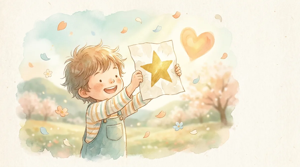 단원12 한 해 마무리 단원을 마치고 뿌듯해하는 아이 — 따뜻한 그림