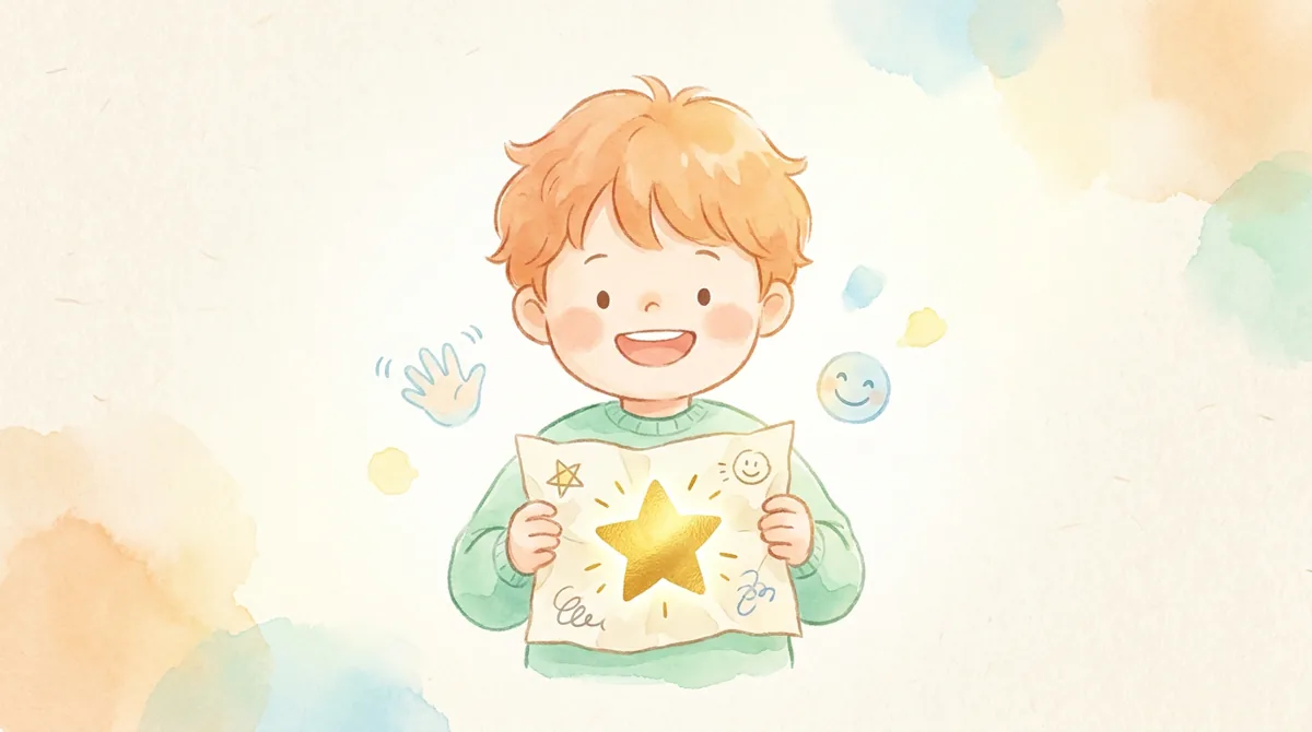 단원1 만남과 안부 단원을 마치고 뿌듯해하는 아이 — 따뜻한 그림