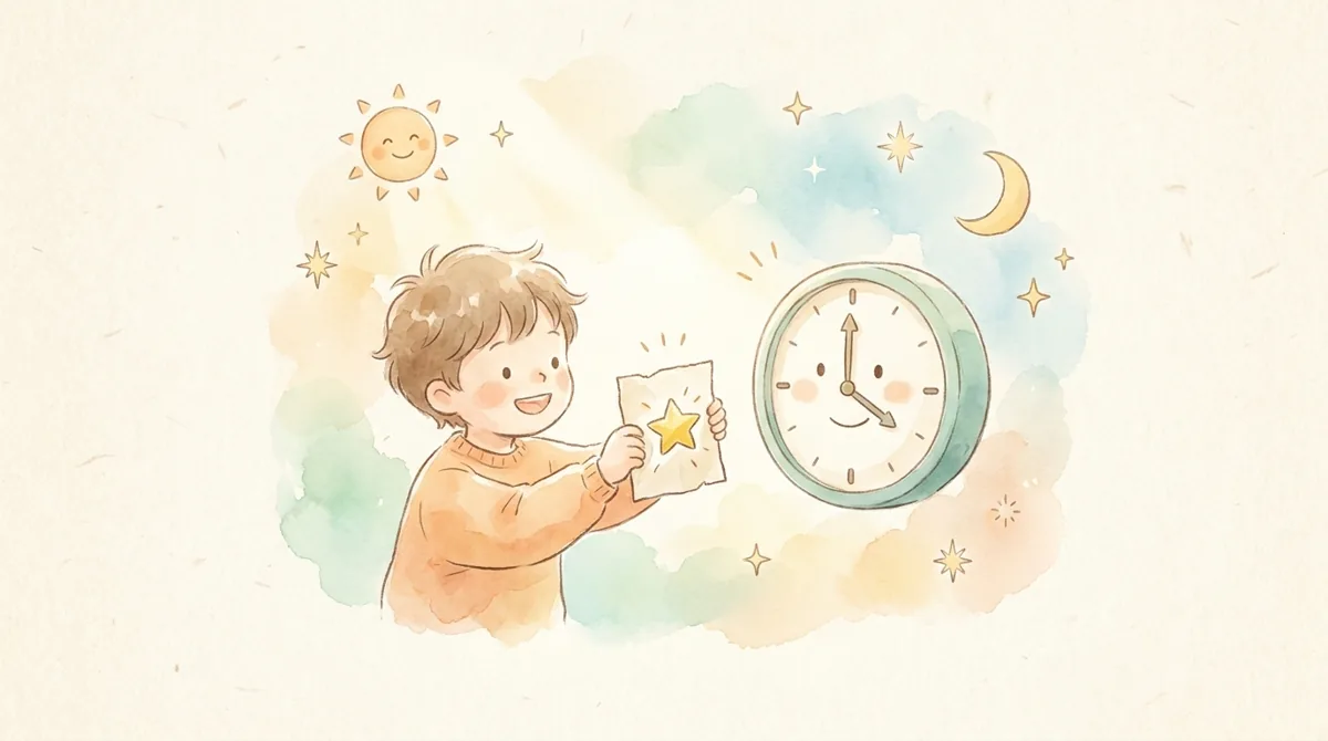 단원4 시간과 하루 단원을 마치고 뿌듯해하는 아이 — 따뜻한 그림