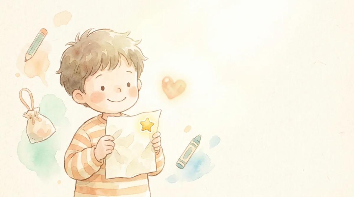단원6 물건과 주인 단원을 마치고 뿌듯해하는 아이 — 따뜻한 그림