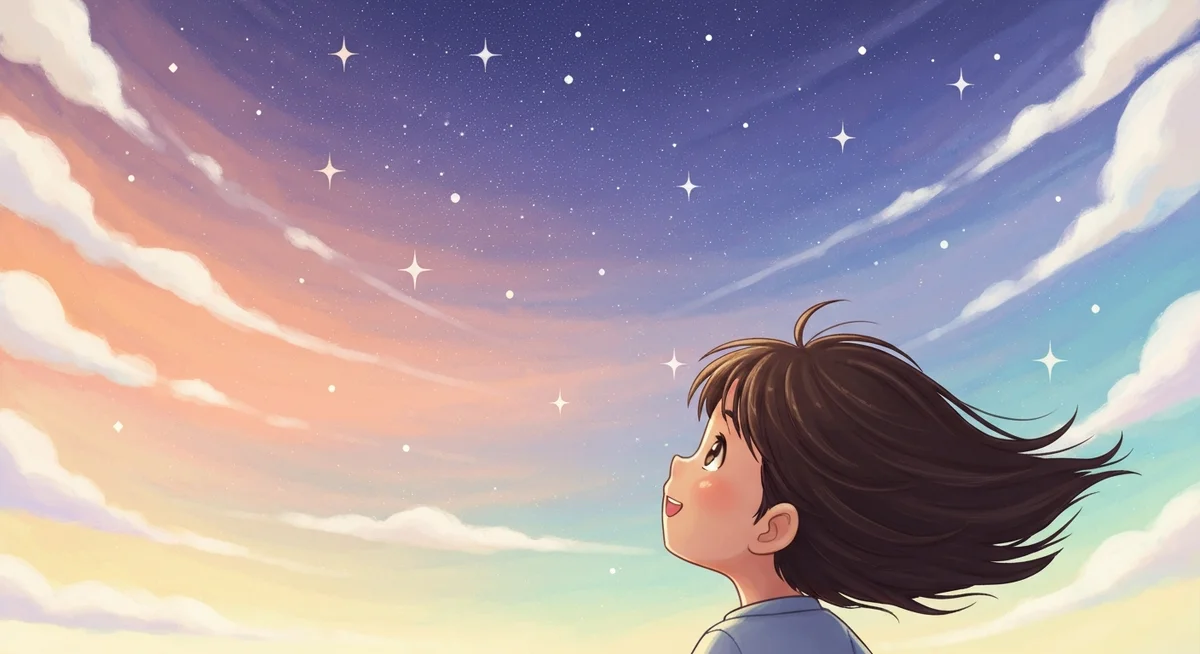 별이 가득한 밤하늘을 바라보며 큰 꿈을 꾸는 아이의 아름다운 그림