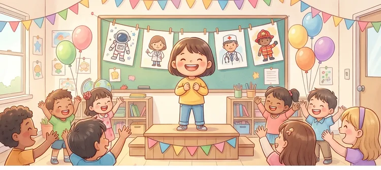 단원10 장래희망 단원을 마치고 뿌듯해하는 아이 — 따뜻한 그림