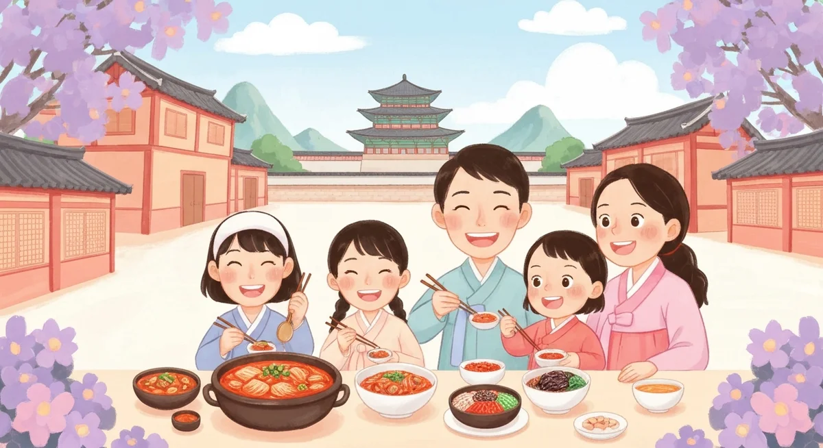 한국의 전통 음식과 문화를 신나게 소개하는 아이의 밝고 자랑스러운 그림