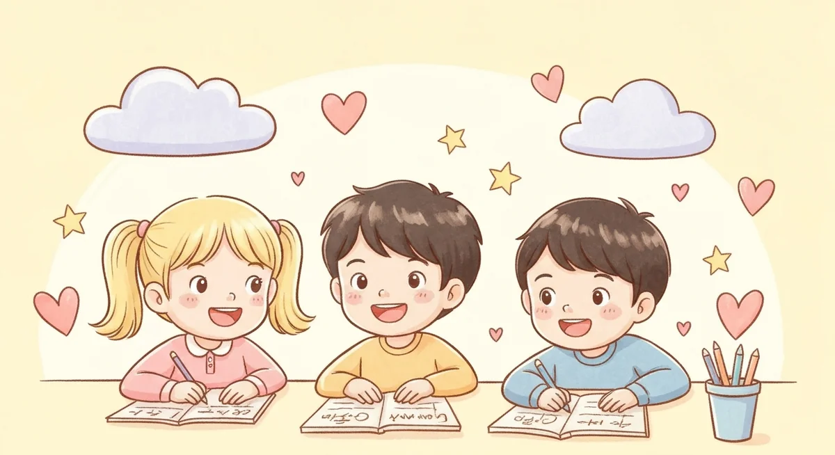 새해를 설레는 마음으로 바라보며 계획을 세우는 아이의 밝고 희망적인 그림