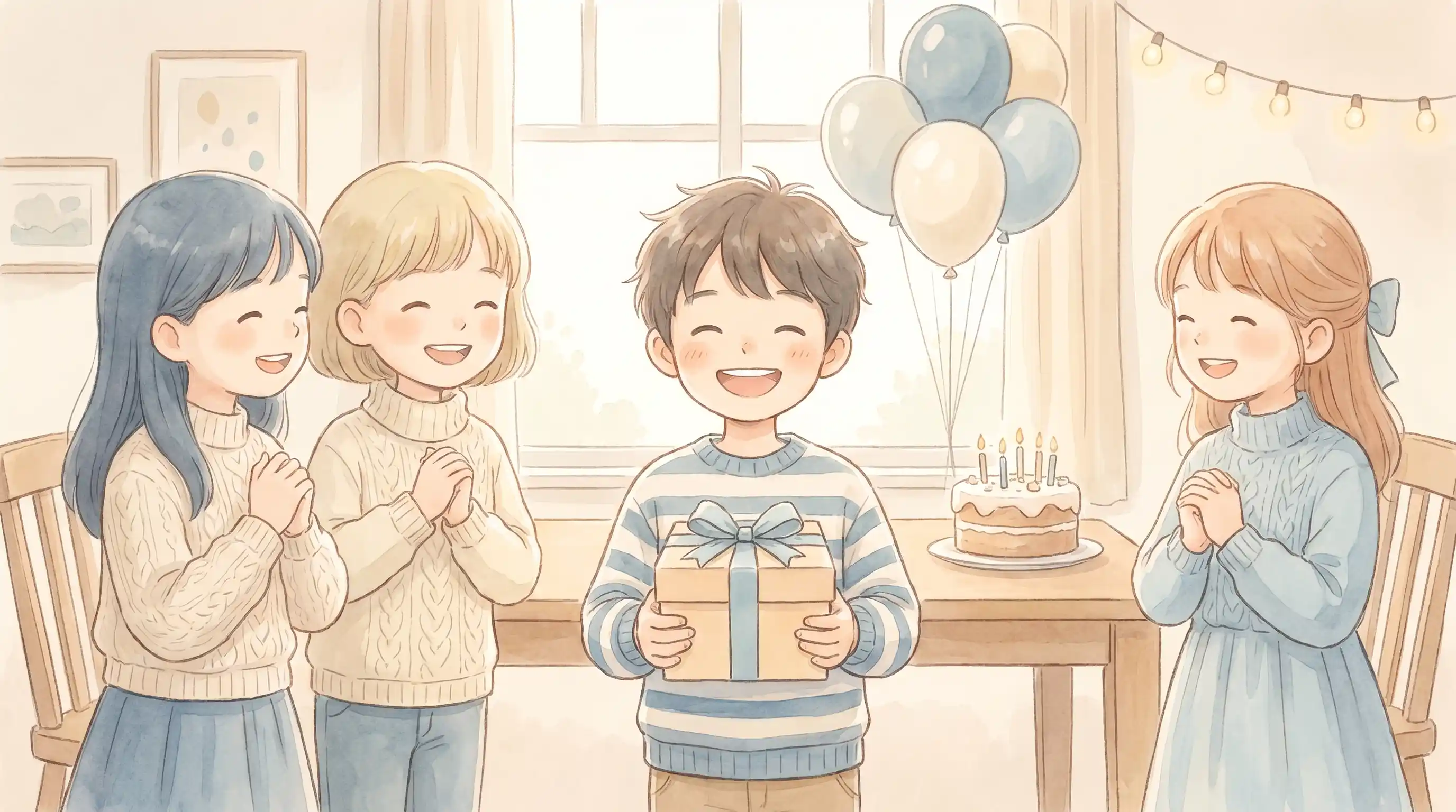 생일 선물을 받고 기뻐하는 아이들의 따뜻한 그림