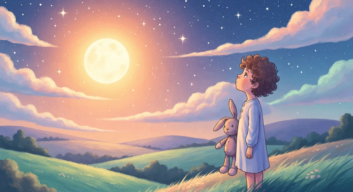 별을 보며 꿈과 바람을 떠올리는 아이의 따뜻한 그림