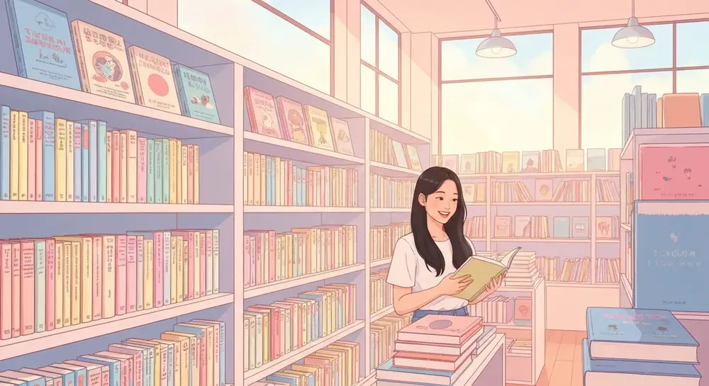 가게에서 물건을 보며 가격을 묻는 아이의 따뜻한 그림