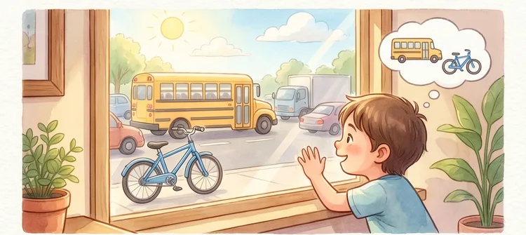 단원6 교통수단 단원을 마치고 뿌듯해하는 아이 — 따뜻한 그림