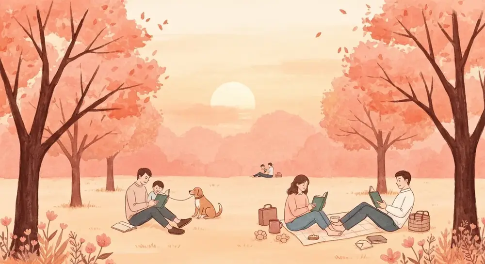 가족과 행복한 주말을 보낸 뒤 일기를 쓰는 아이의 따뜻한 그림