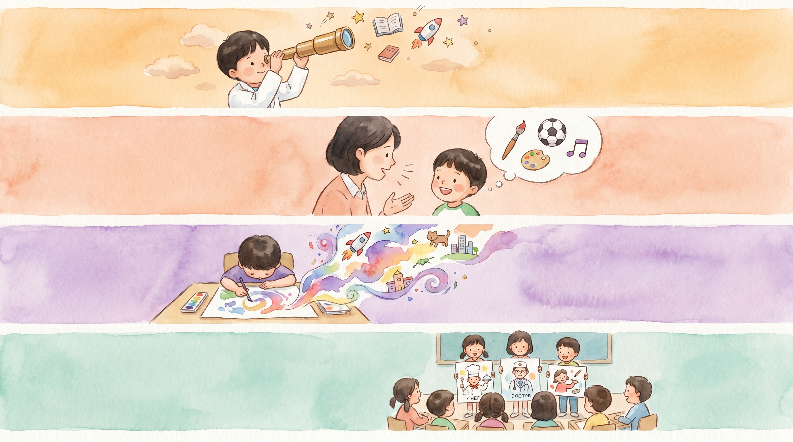 각자의 강점을 발휘하는 어린이들 — 그림·음악·운동·과학 등 다양한 재능을 보여주는 밝은 그림