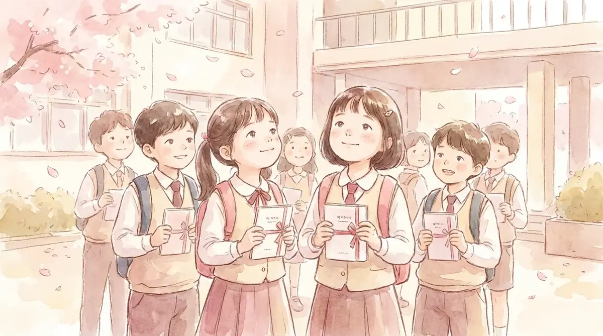 한 해를 돌아보며 설레는 표정으로 책을 펼치는 초등학생 — 따뜻하고 밝은 그림