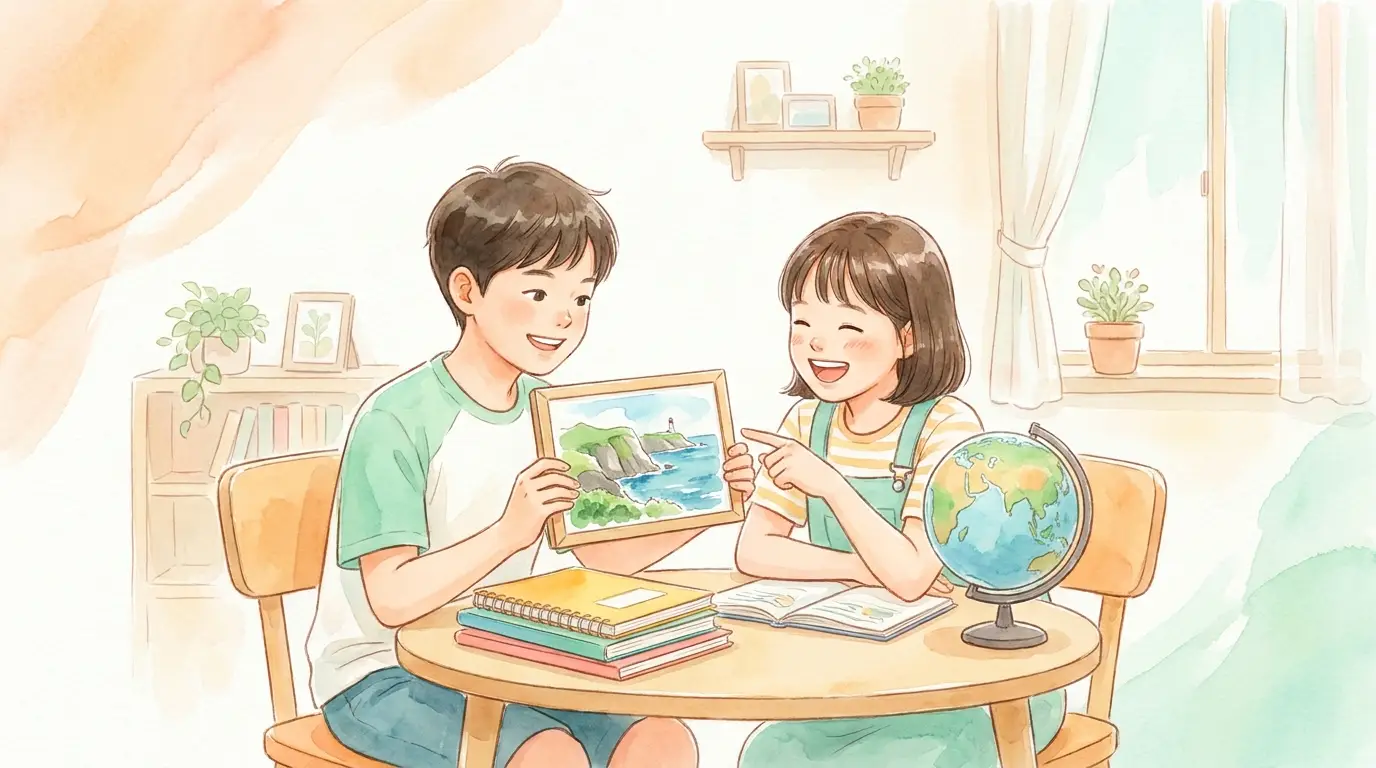 제주도 여행 경험을 이야기하는 아이들 — 따뜻한 수채화 그림