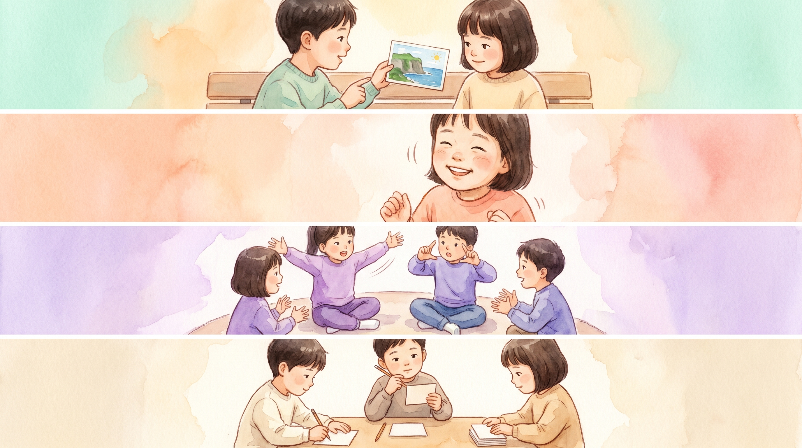 여러 나라 음식을 먹어 본 경험을 이야기하는 아이들 — 따뜻한 수채화 그림