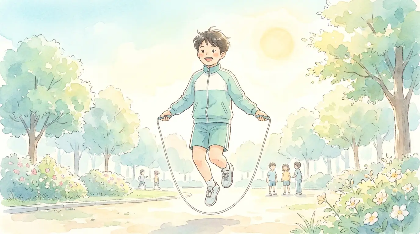 건강 습관을 즐겁게 실천하는 아이의 따뜻한 수채화 그림