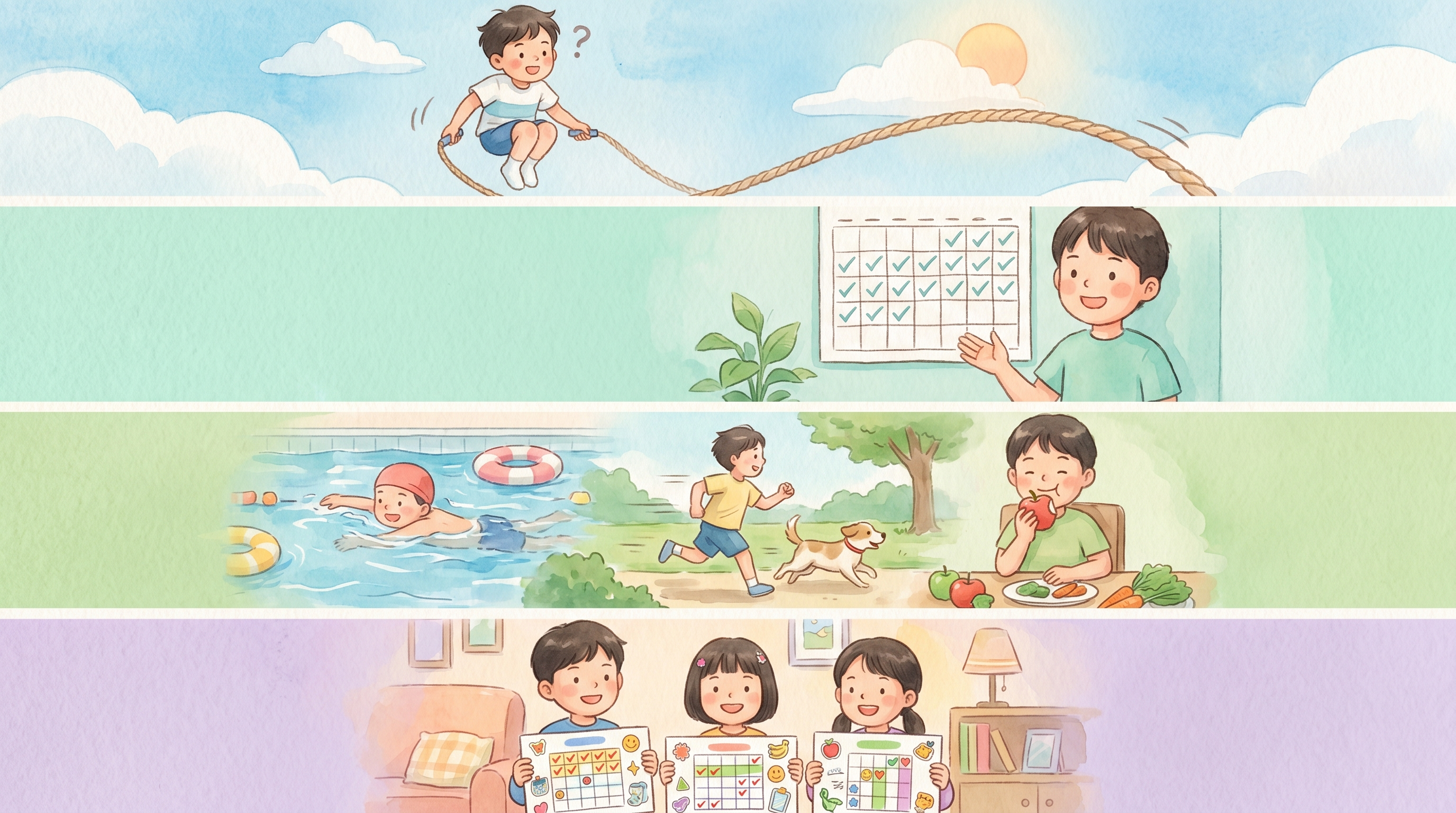 충분한 수면과 물 마시기 등 작은 건강 습관을 실천하는 아이의 따뜻한 수채화 그림