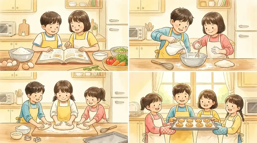 김밥 만드는 순서를 단계별로 보여주는 따뜻한 수채화