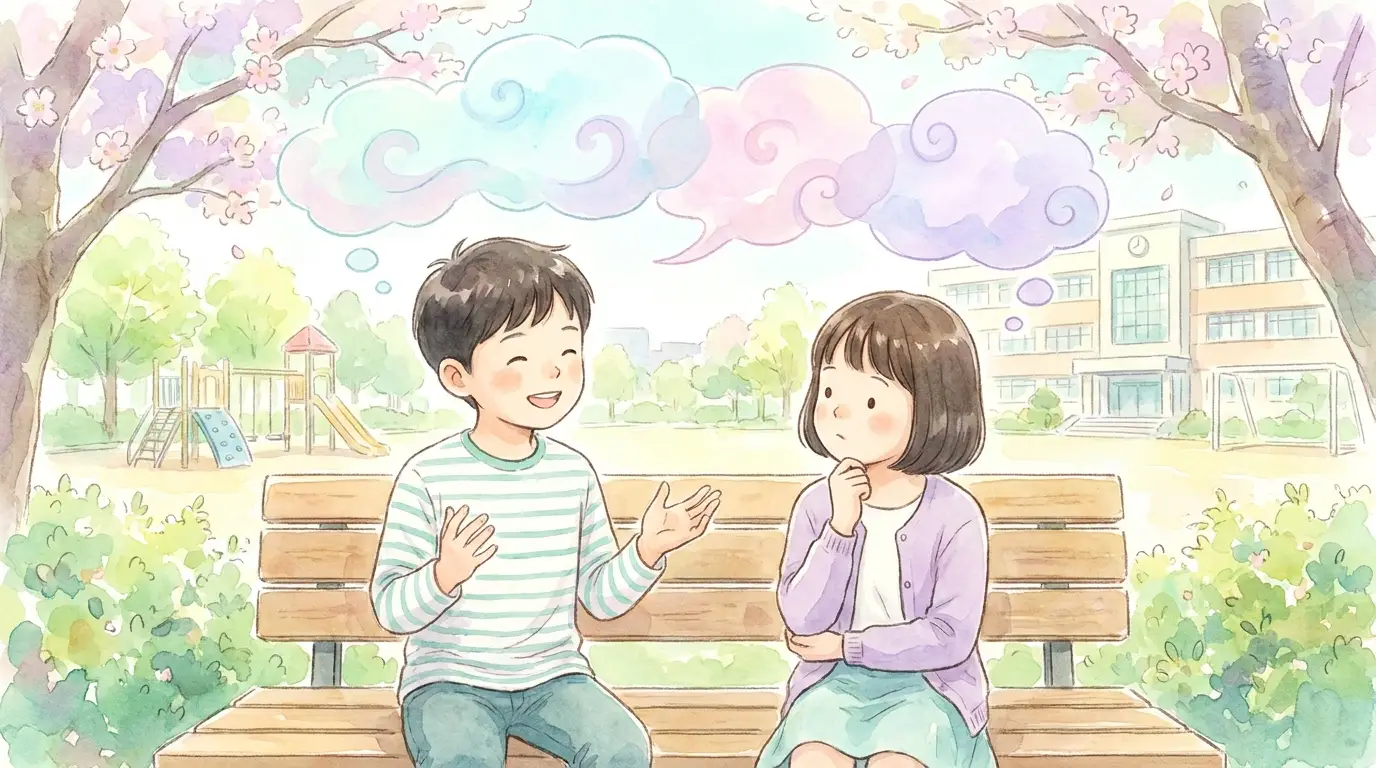 강아지와 고양이를 각각 좋아하는 두 아이가 의견을 나누는 따뜻한 그림
