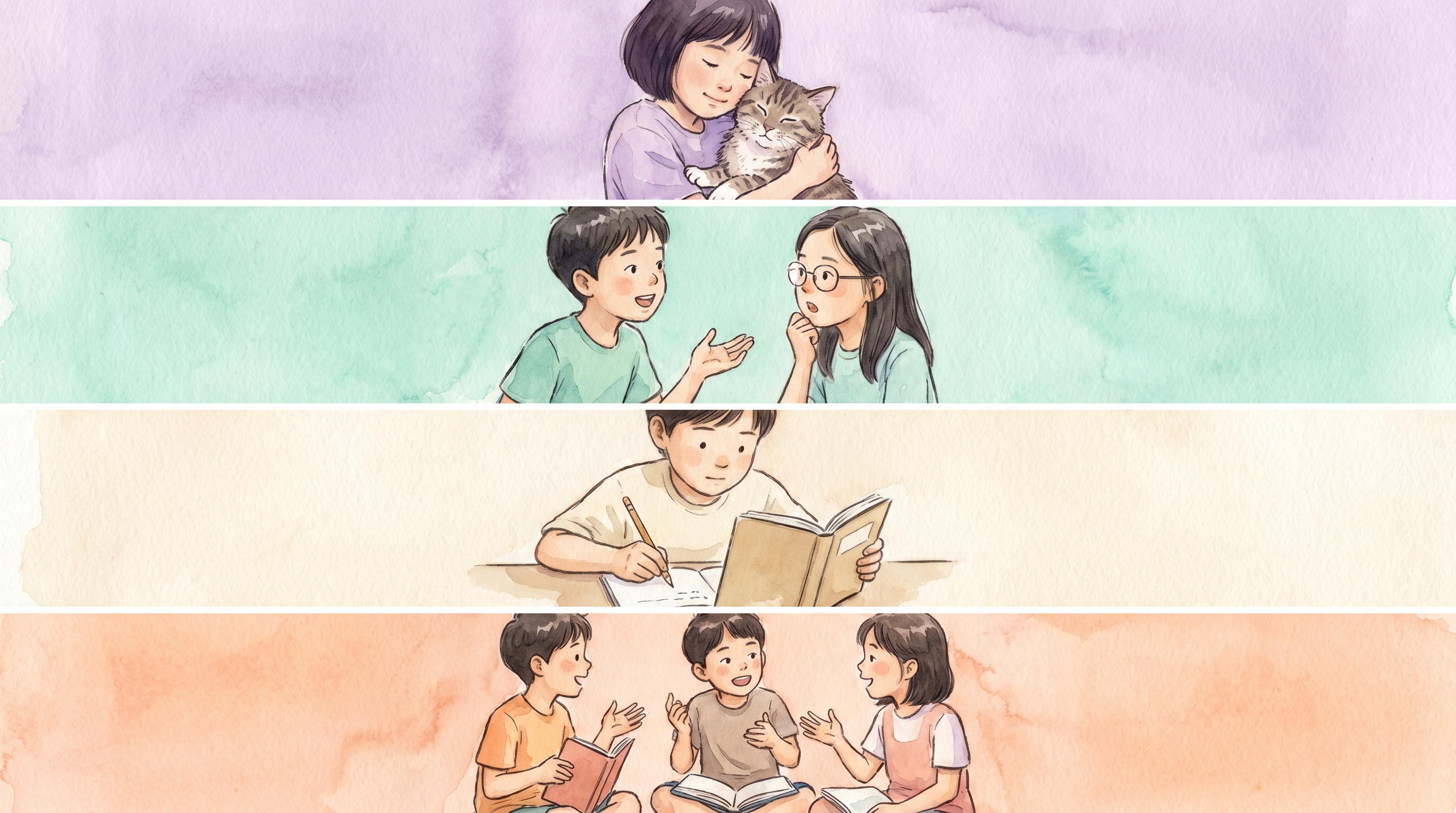 과학책을 읽으며 자신의 의견을 노트에 적는 학생의 따뜻한 그림