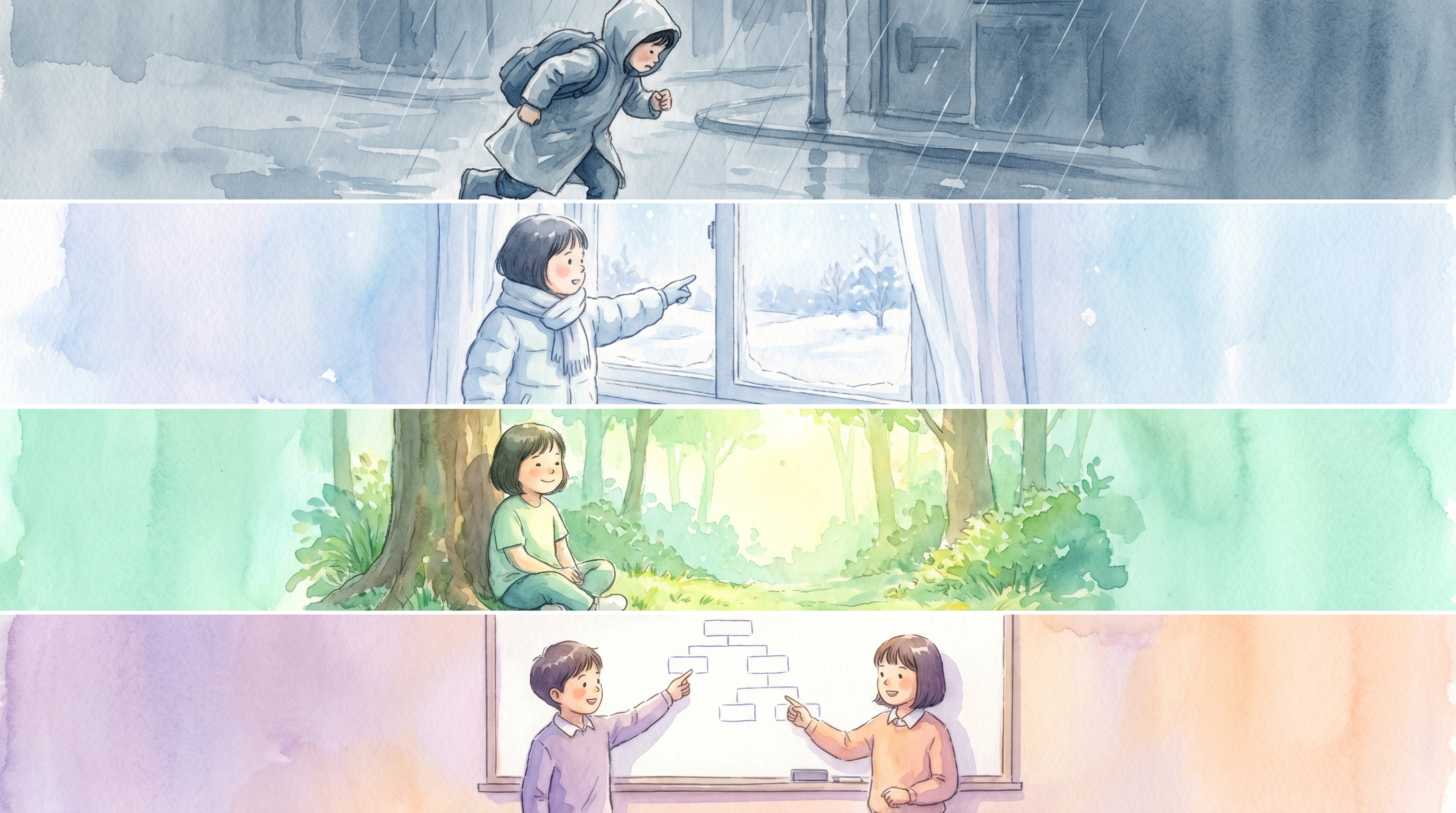 추운 날 코트를 입는 아이를 그린 따뜻한 수채화 그림