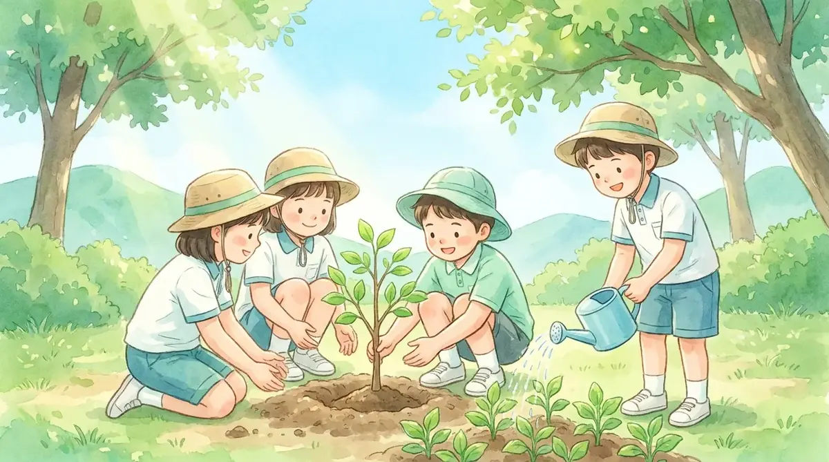 물을 아끼고 지구를 보호하는 아이들의 따뜻한 수채화 그림