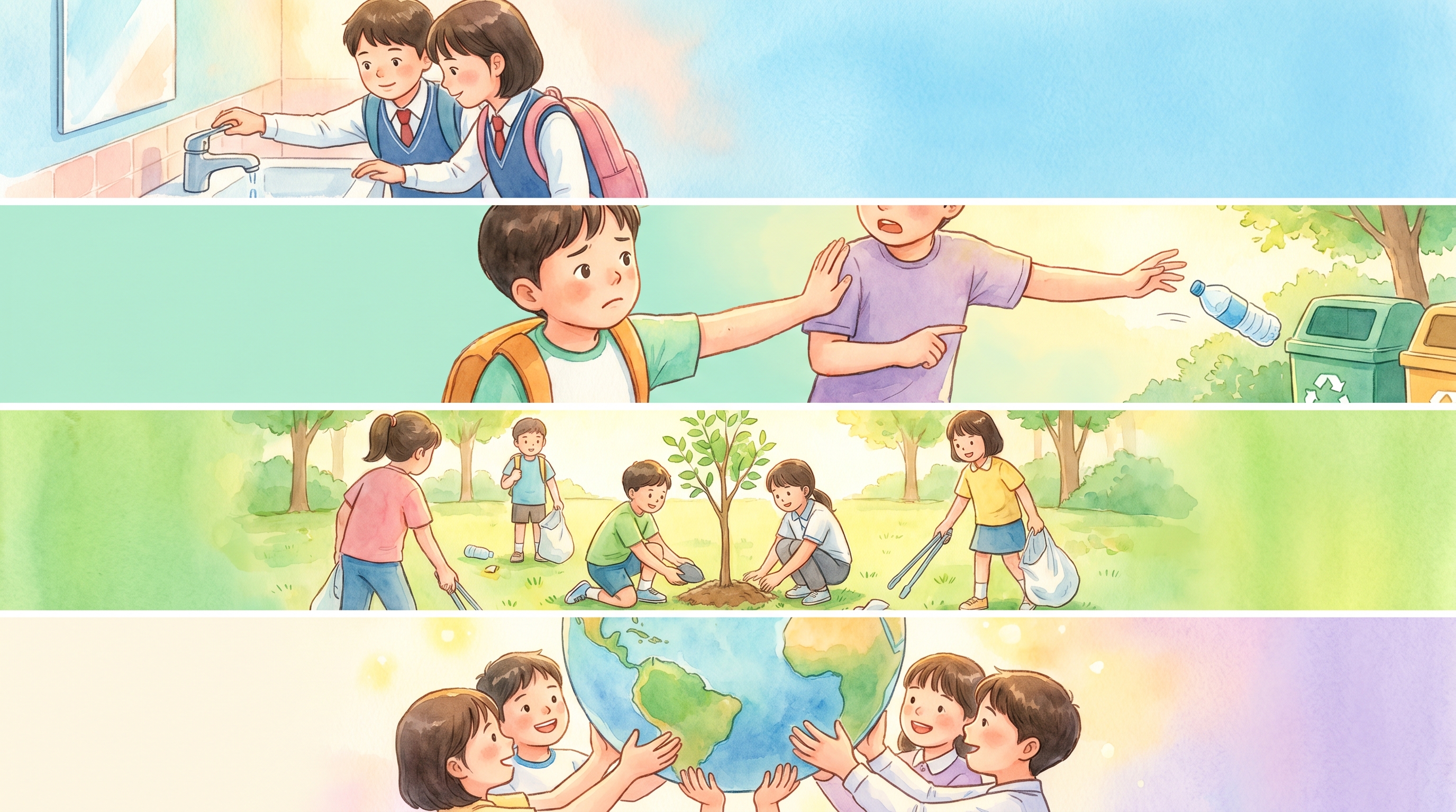 강에 쓰레기를 버리지 말라는 경고 표지판과 깨끗한 강을 지키는 아이들의 수채화 그림