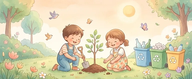 단원9 환경지키기를 마치고 지구를 들고 웃는 아이들의 따뜻한 수채화 그림